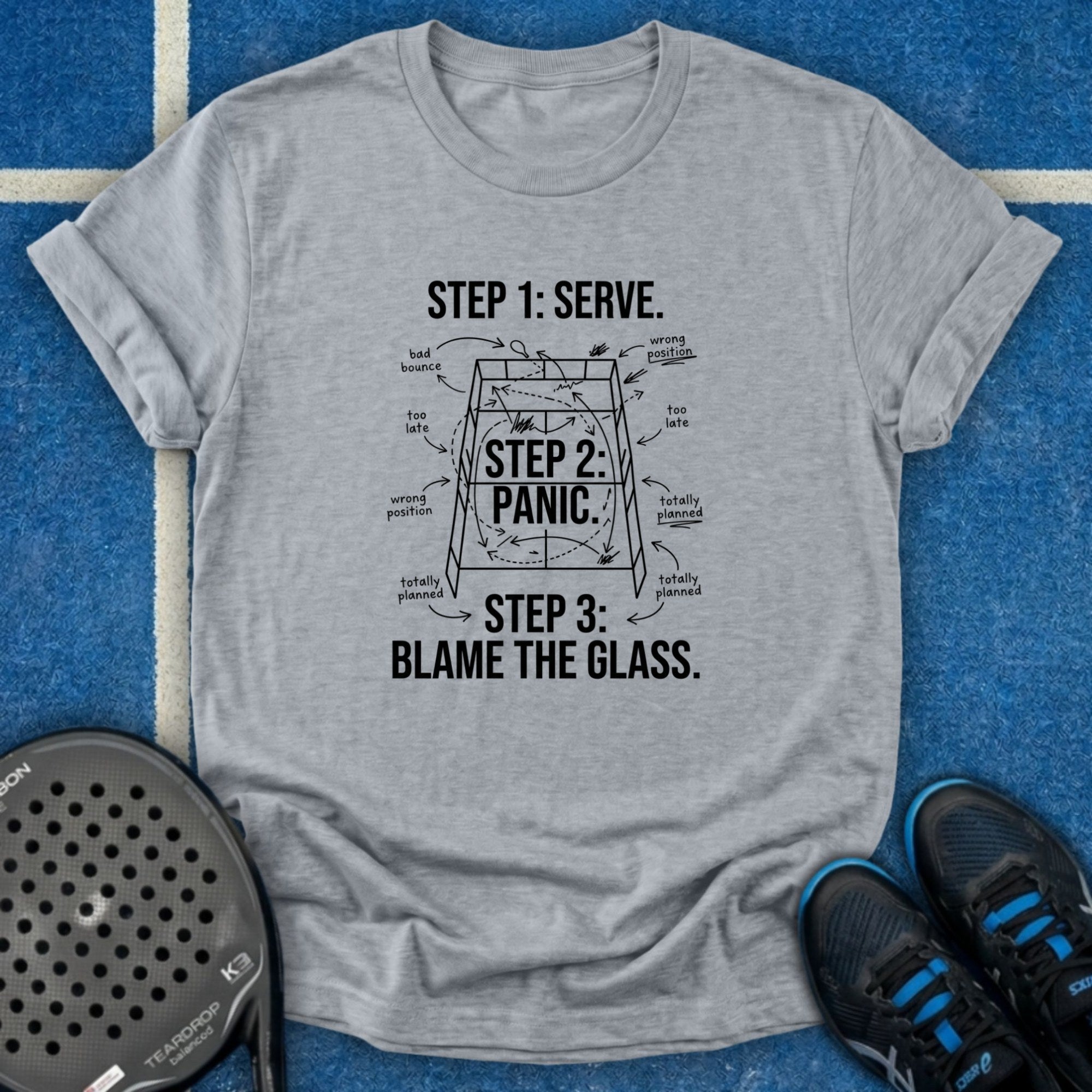 Serve, Panic, Blame Glass T-Shirt