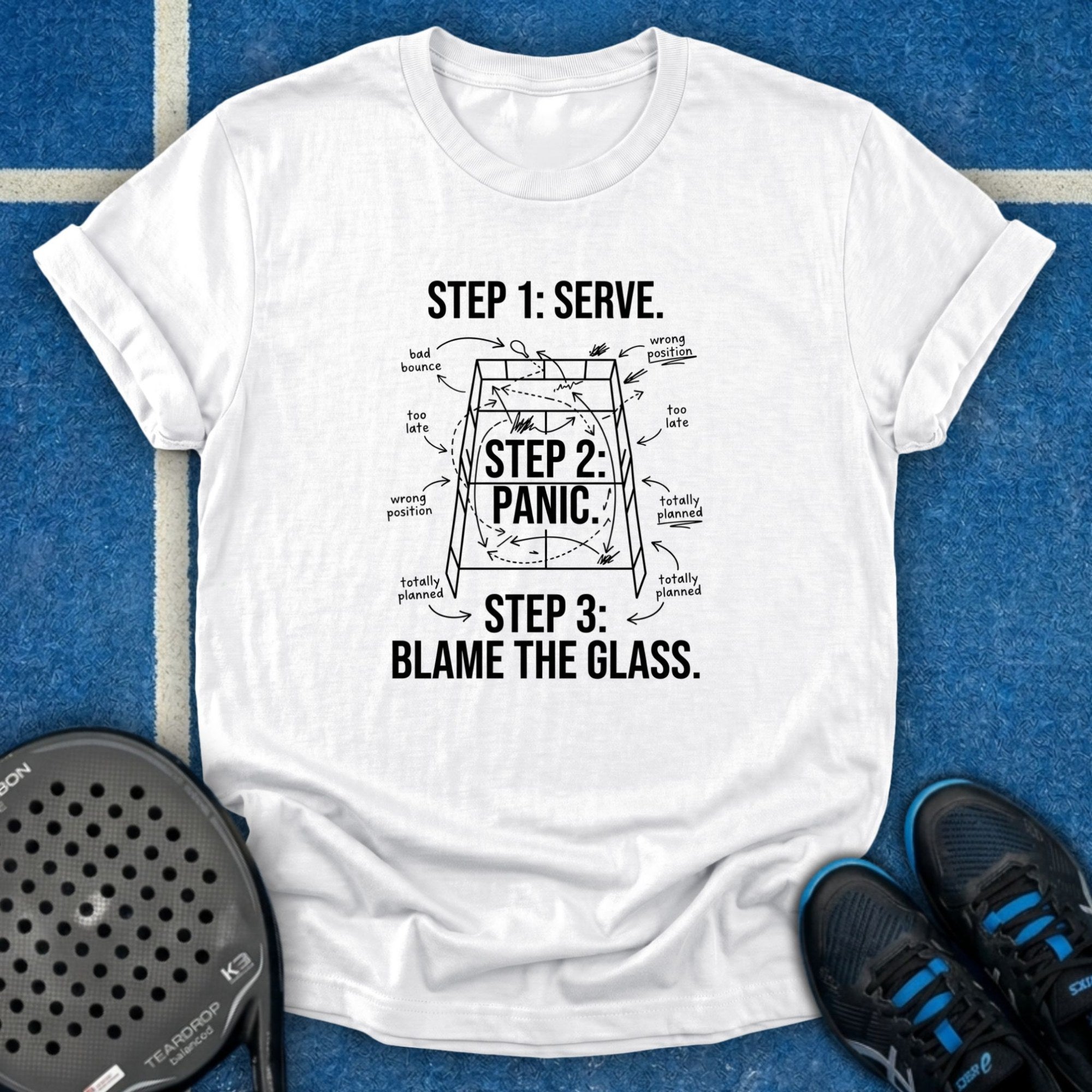 Serve, Panic, Blame Glass T-Shirt