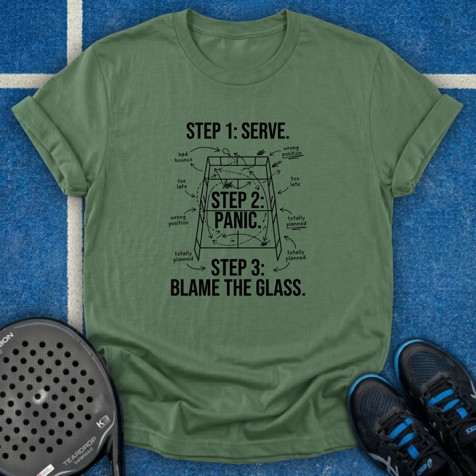 Serve, Panic, Blame Glass T-Shirt