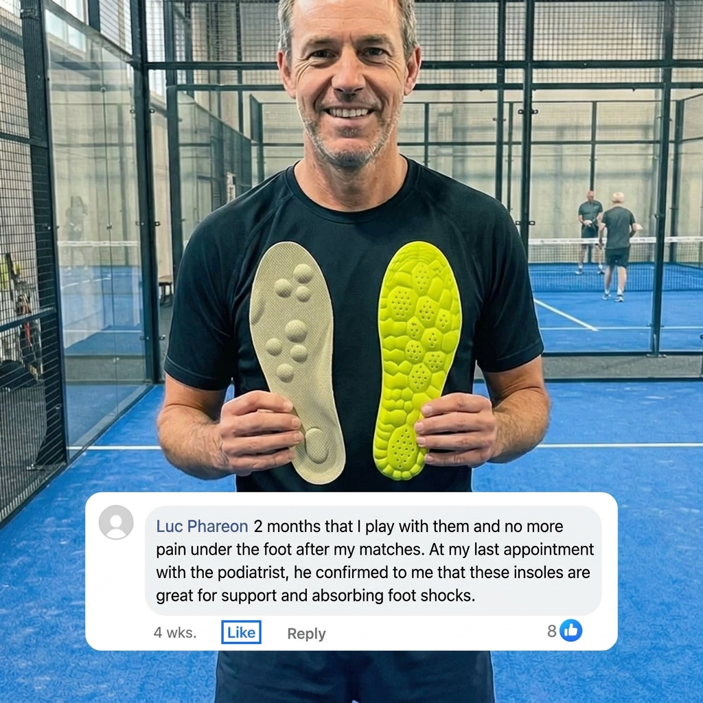 Padel player on court holding a pair of Third Set insoles